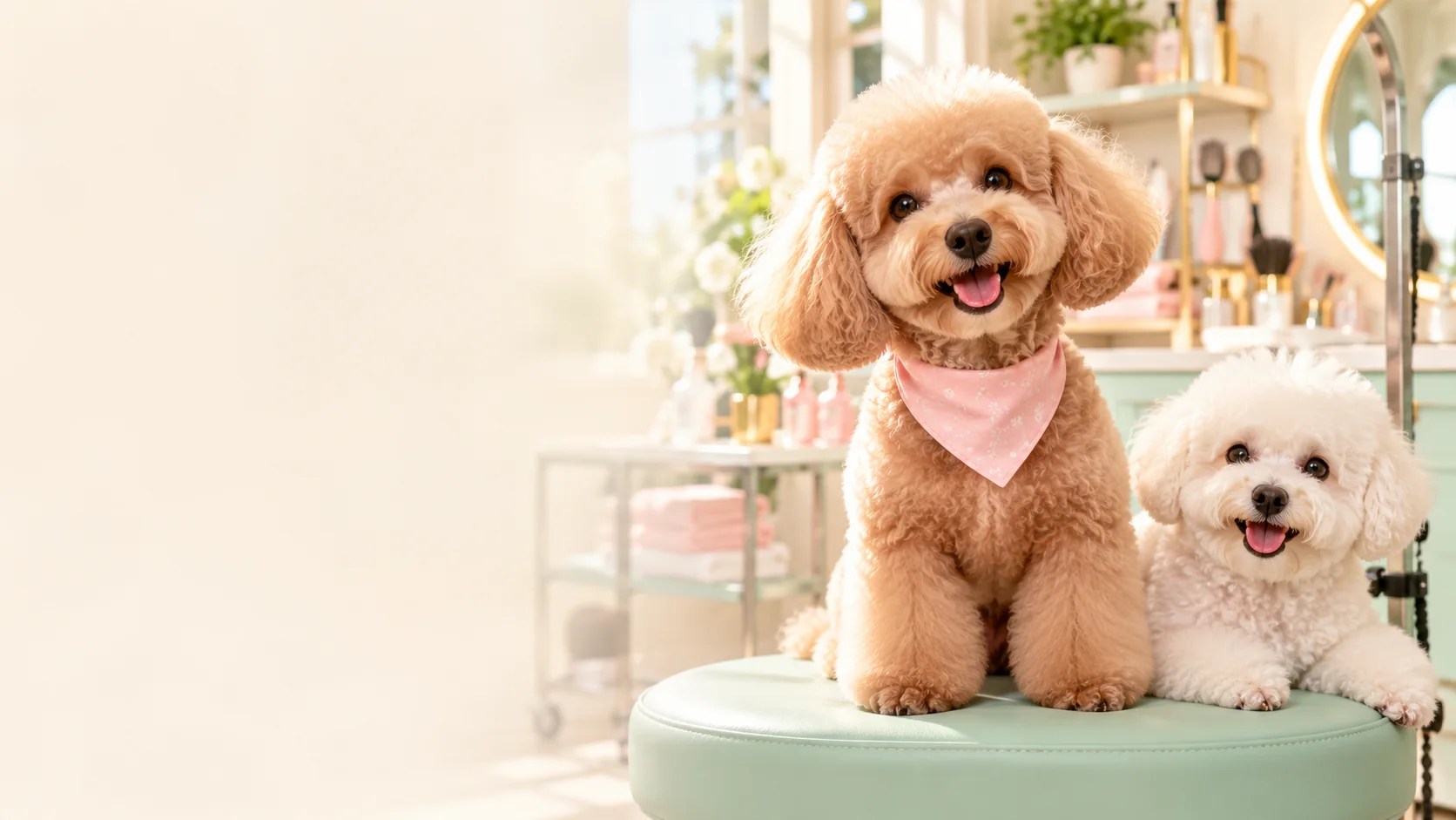 Two freshly groomed dogs at a pastel pet grooming salon