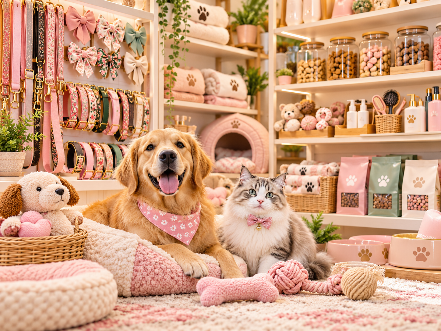 Dog and cat in a stylish boutique filled with pet accessories