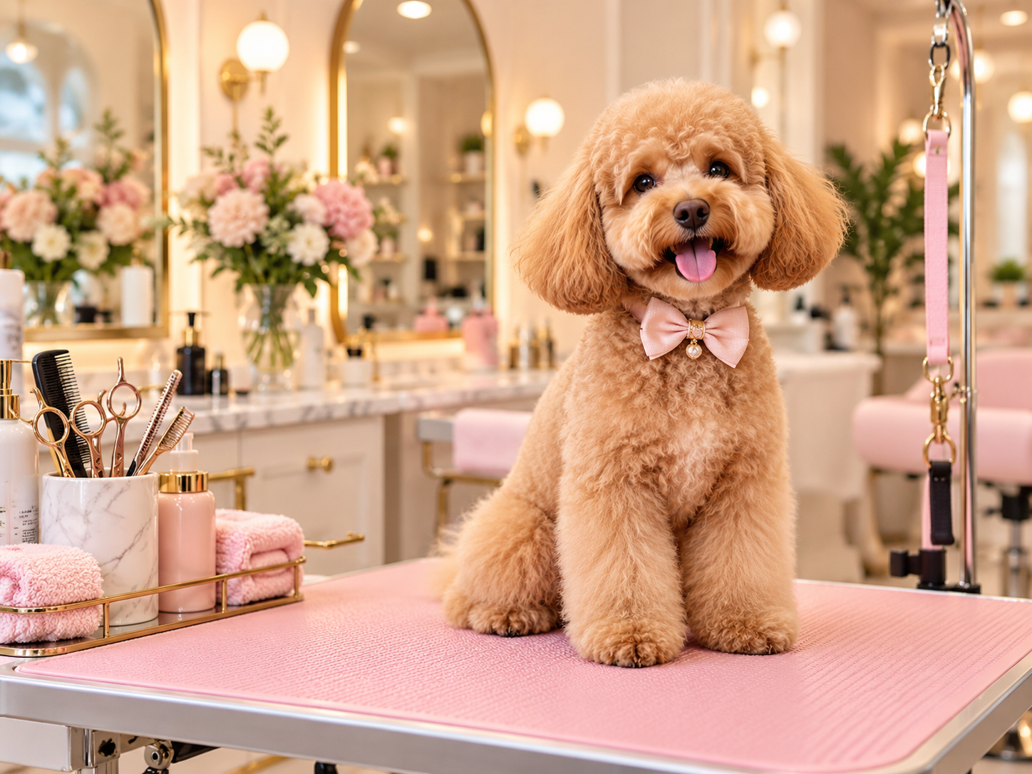 Freshly groomed dog in a bright pastel pet grooming salon
