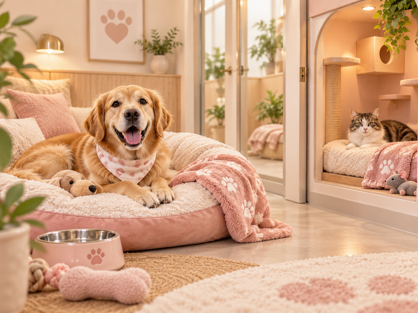 Dog and cat enjoying a cozy pet hotel suite
