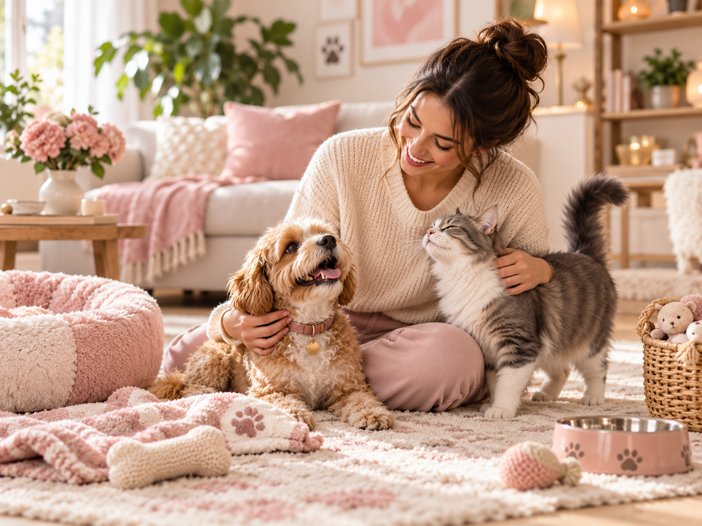 Pet sitter sharing a cozy moment with a dog and cat at home